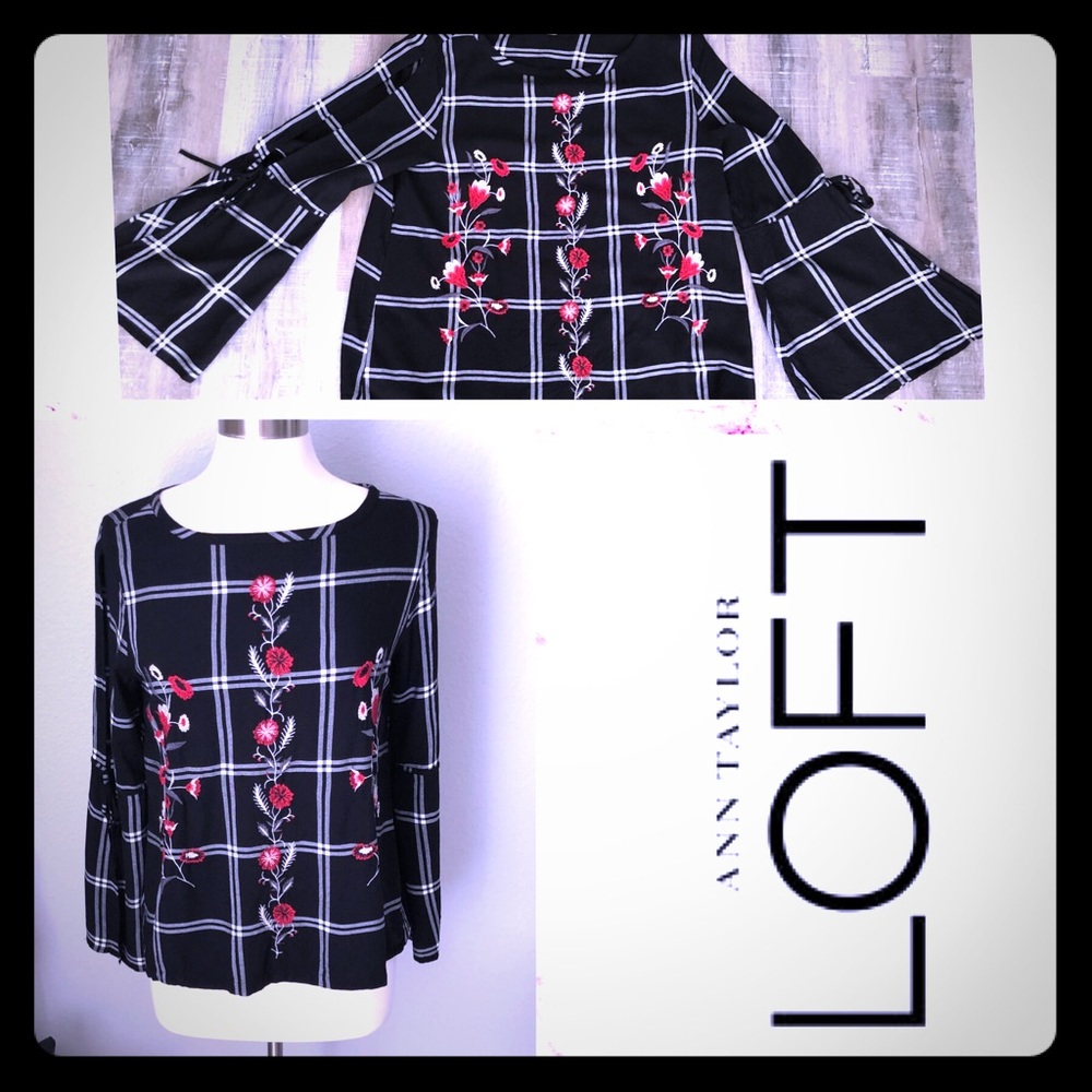 LOFT Plaid Floral Open Bell Sleeve Blouse
